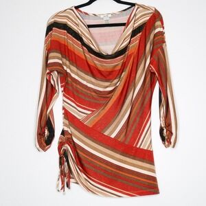 Cache Womens Blouse Knit Top S Orange Red Striped Feminine Ruched 70s Scoop Neck